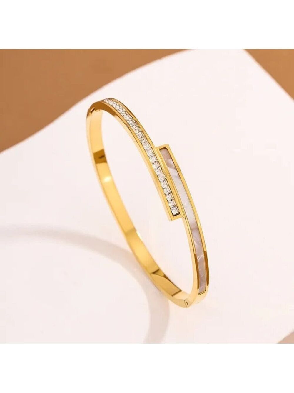 18K Gold Plated Zircon Crystal Bar Bangle, Mother of Pearl Inlay